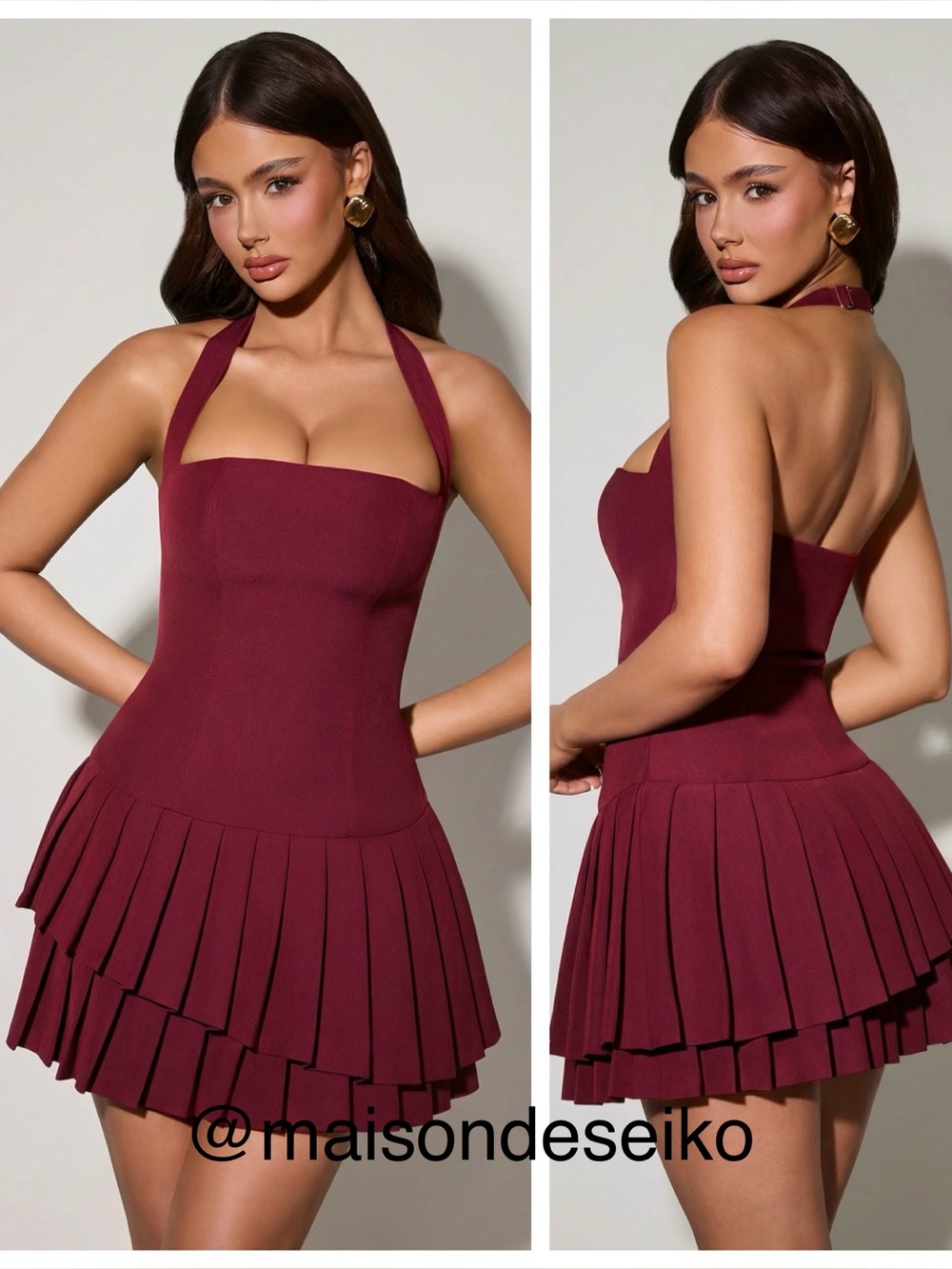 NWT Oh Polly Mini Dress Burgundy Red Rosaria Halter Pleated size US 4